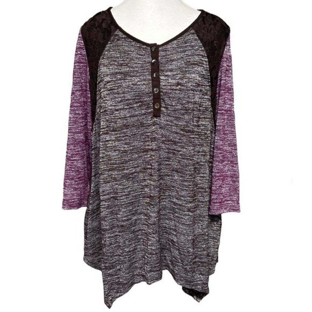 LOGO Lori Goldstein Patchwork Purple Lace Heathered Sharkbite Hem Lagenlook L